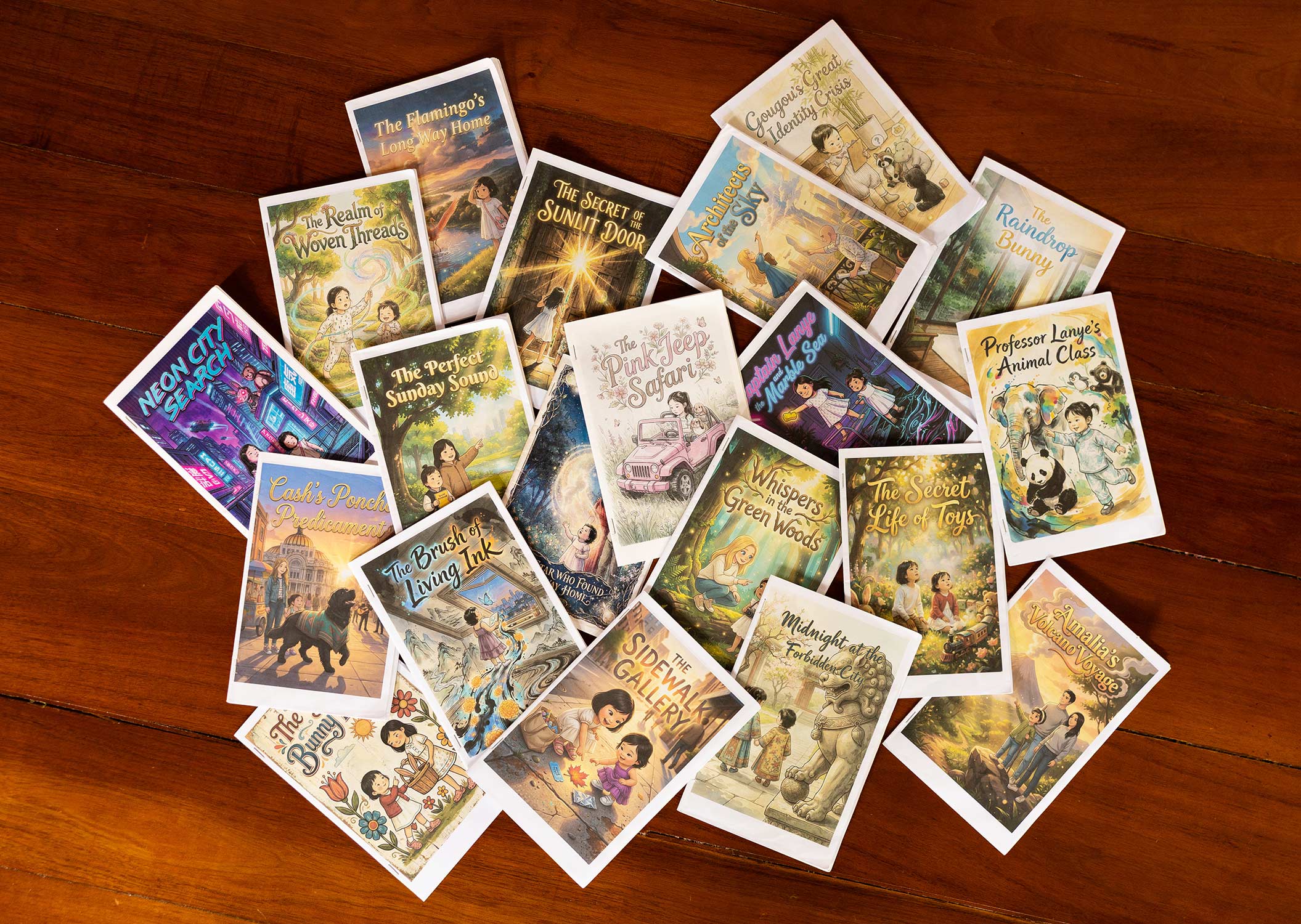 Collection of home-printed storybooks with colorful illustrated covers spread on a wooden table